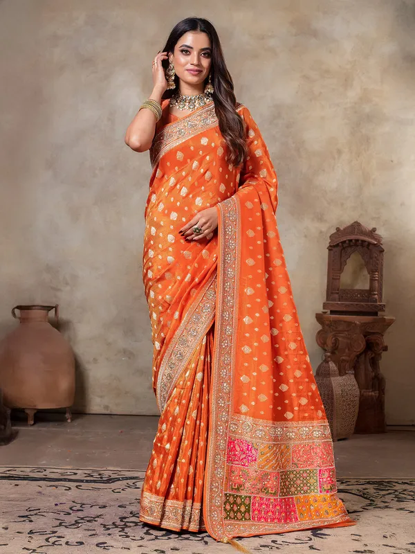 Orange zari weaving tissue silk saree