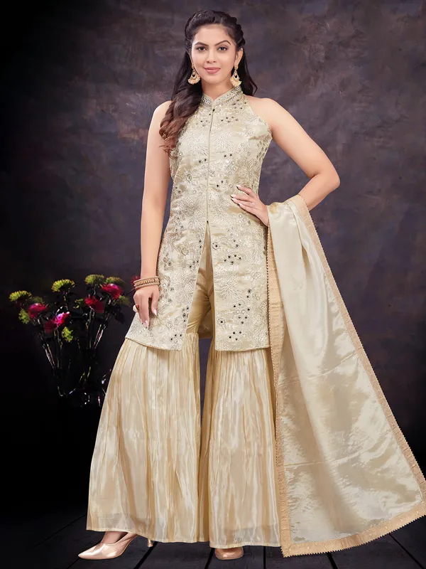 Organza beige sharara salwar suit