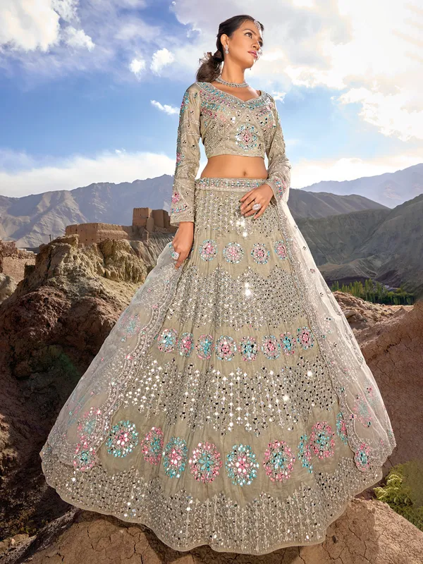 Organza beige unstitched lehenga choli