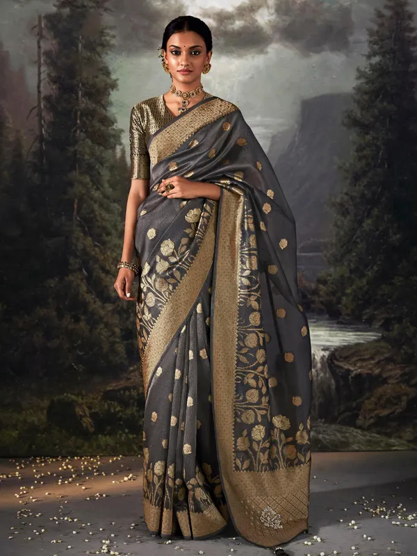 Organza zari grey  weaving saree