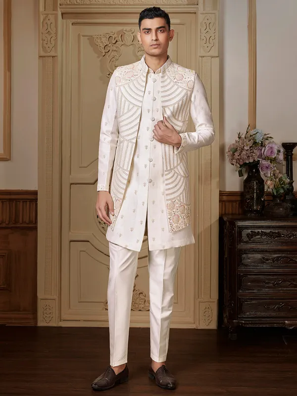 Outstanding ivory raw silk long kurta jacket set