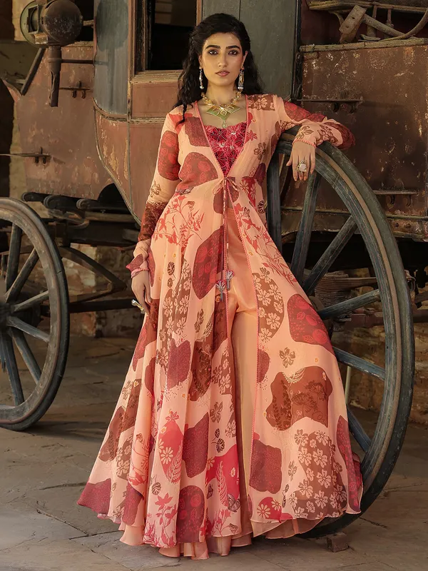 Palazzo peach silk printed suit
