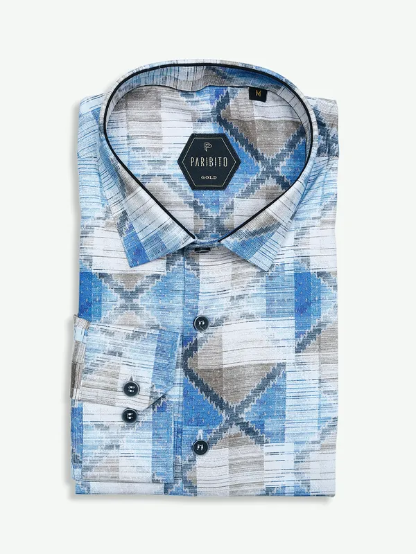 Paribito blue and white cotton printed shirt