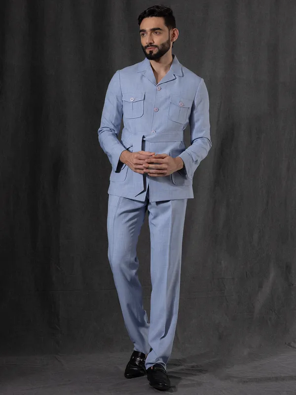 Party style sky blue cotton jodhpuri suit for men