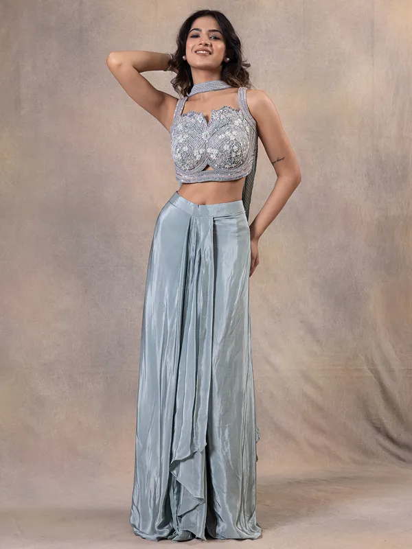 Party wear grey indowestern suit in satin silk