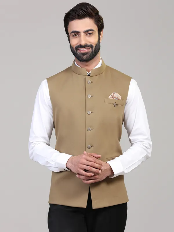 khaki knitted solid Party wear Nehuru Jacket for Men
