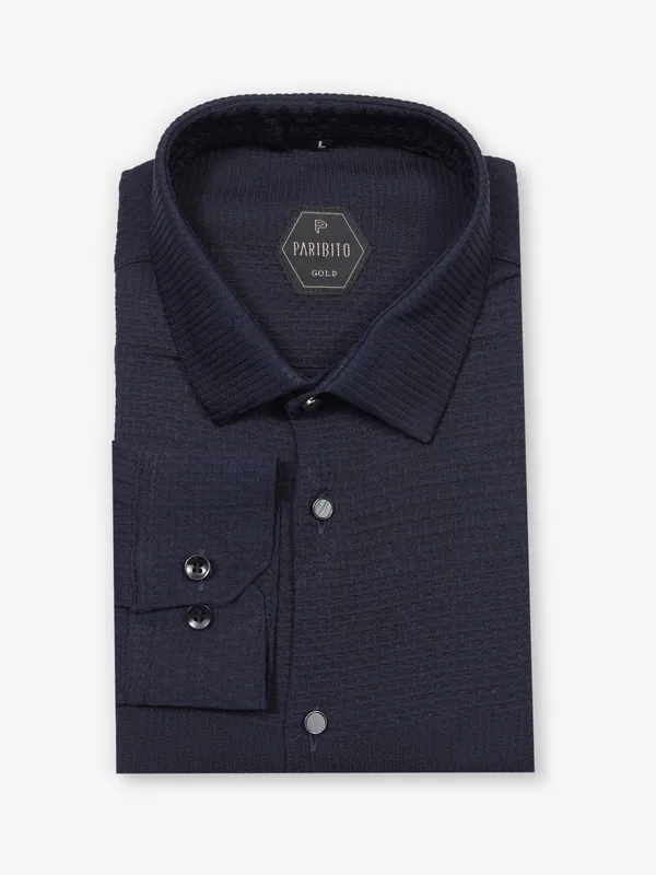 Party wear navy shirt in textured cotton