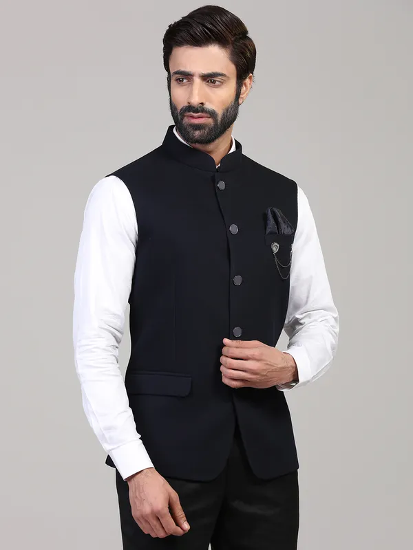 Navy Blue Party wear solid  knitted Nehru Jacket