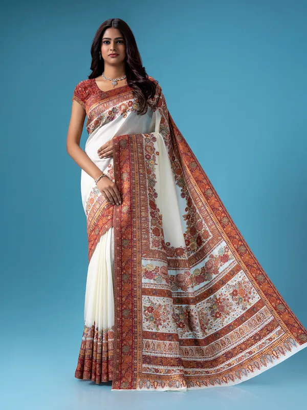 Pashmina silk white saree for wedding