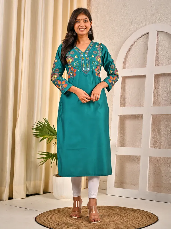 Pastel aqua silk V neck embroidered kurti
