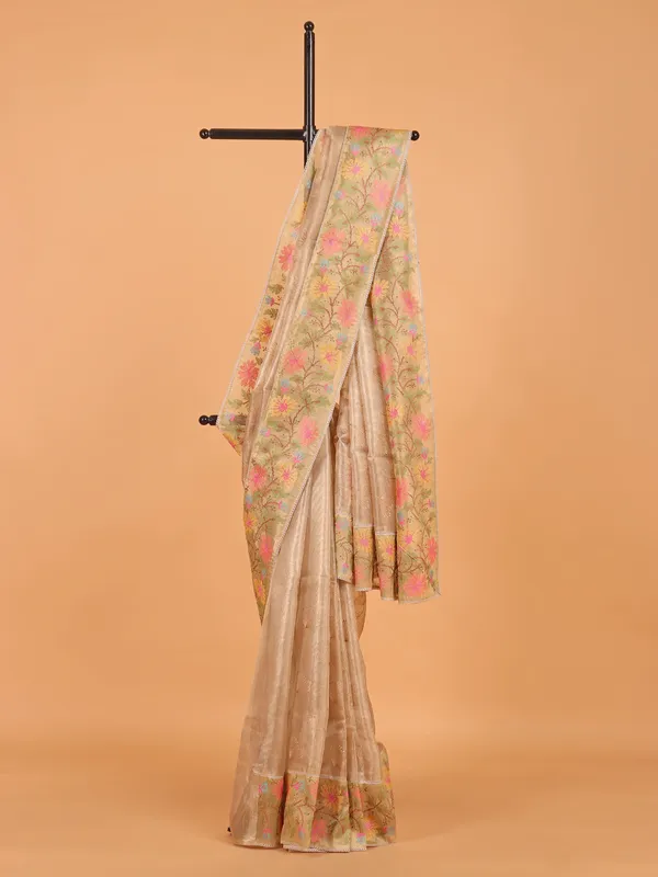 Pastel beige semi organza saree for festival wear
