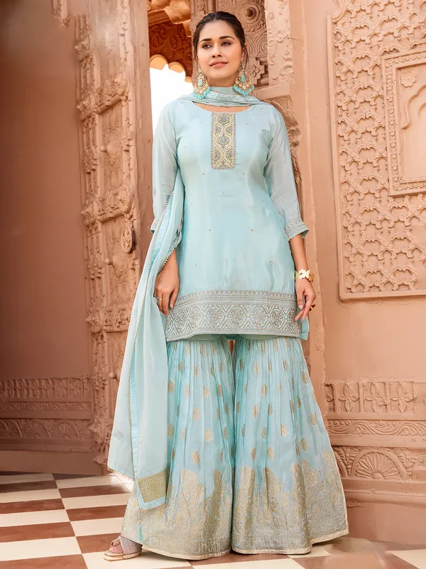 Pastel blue chiffon pakistani sharara suit