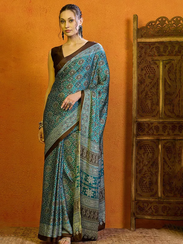 Pastel blue printed bhagalpuri silk saree for women