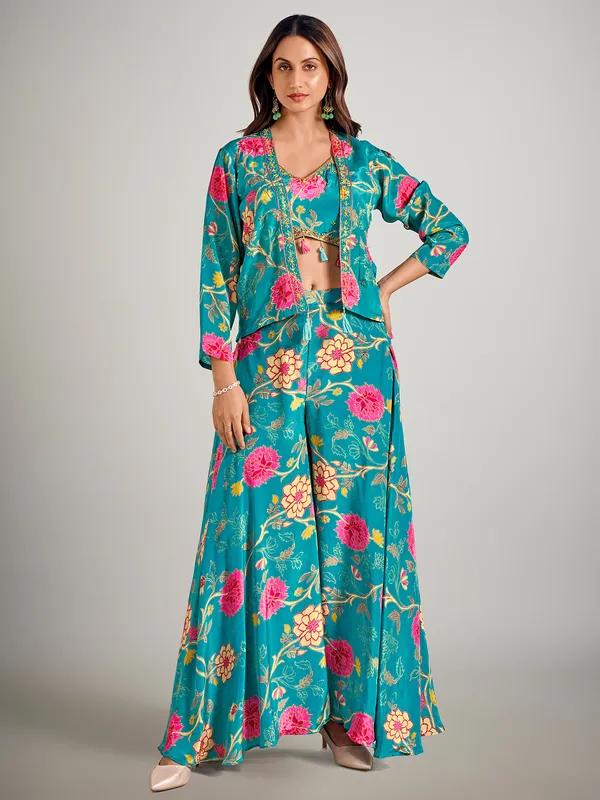 Pastel blue printed short jacket style palazzo suit