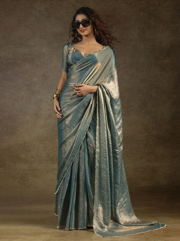 Pastel blue satin silk saree with ready made blouse