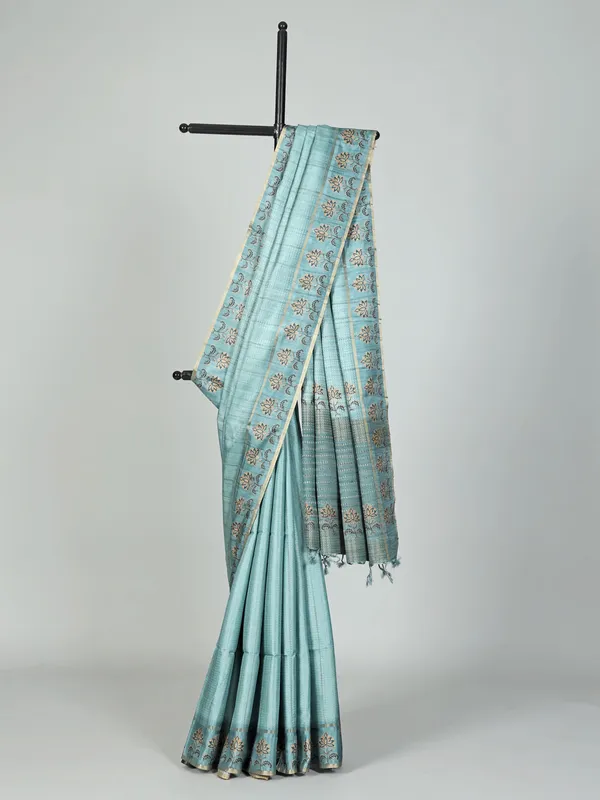 Pastel blue semi cotton silk zari weaving saree