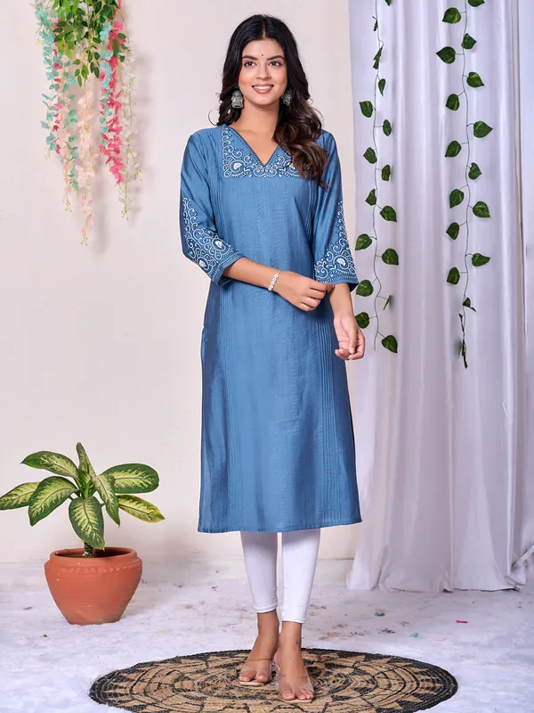 Pastel blue silk embroidery kurti