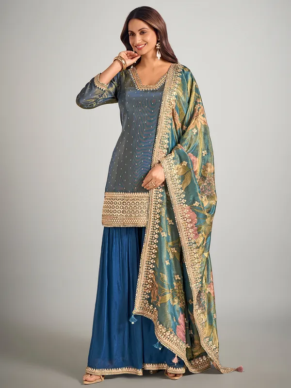Pastel blue silk palazzo suit for wedding