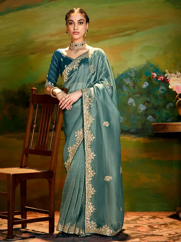 Pastel blue silk saree for party wear