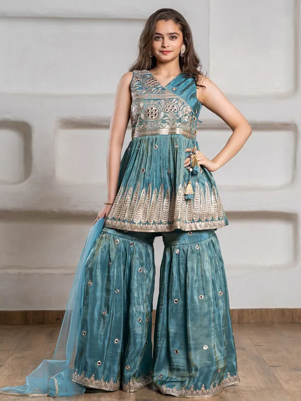 Pastel blue silk sharara suit with dupatta