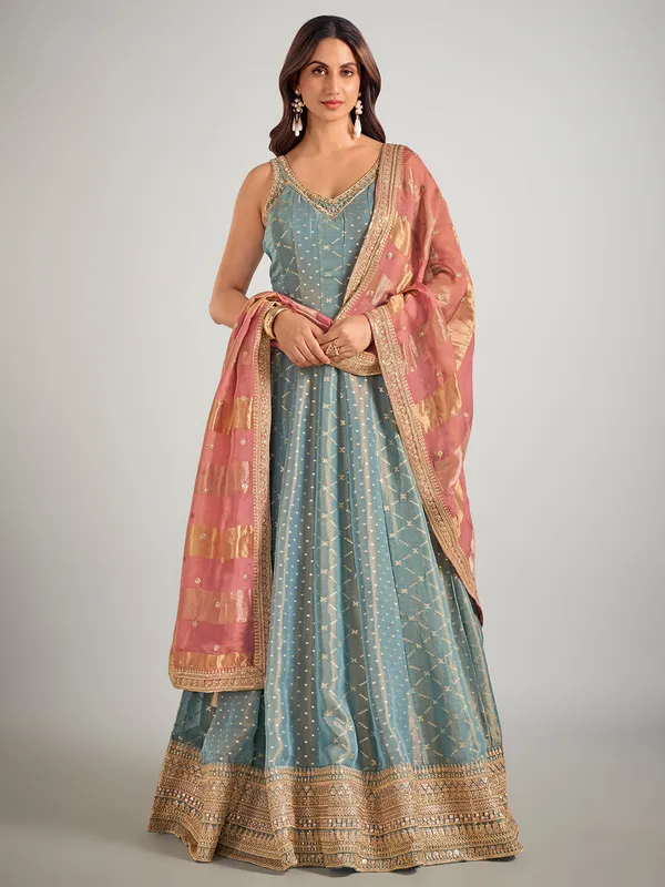 Pastel blue tissue silk anarkali suit