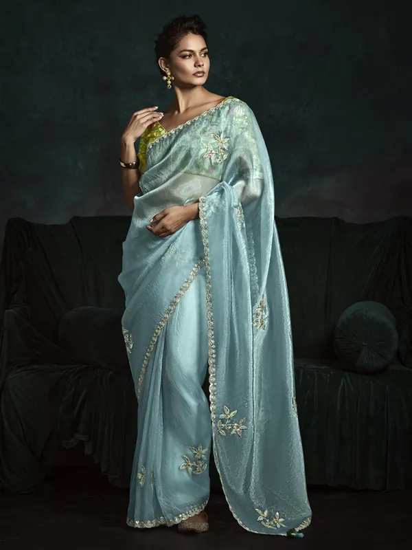 Pastel blue tissue silk party wear saree