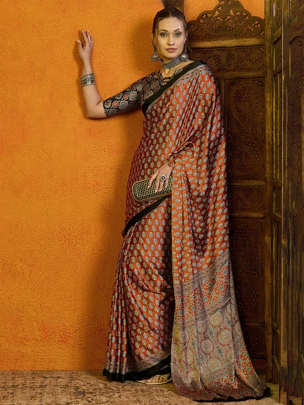 Pastel brown bhagalpuri silk saree with prints