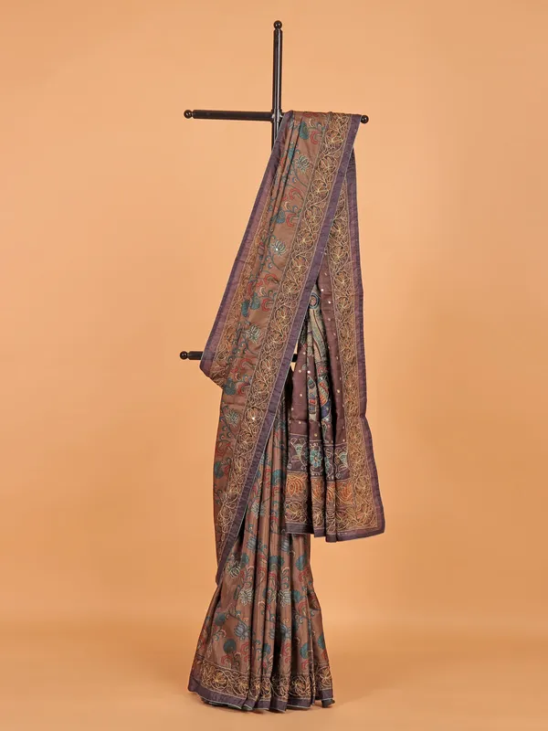Pastel brown cotton silk saree for festival wear