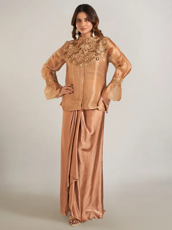 Pastel brown indowestern suit in satin silk