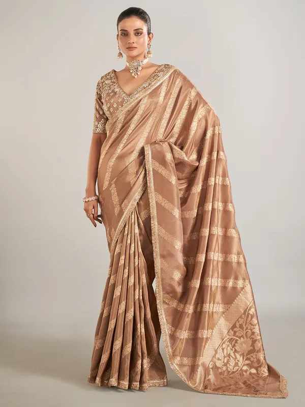 Pastel brown shimmer dola silk wedding saree