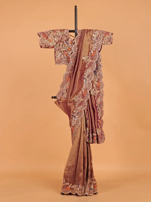 Pastel brown shimmer tissue silk wedding wear saree