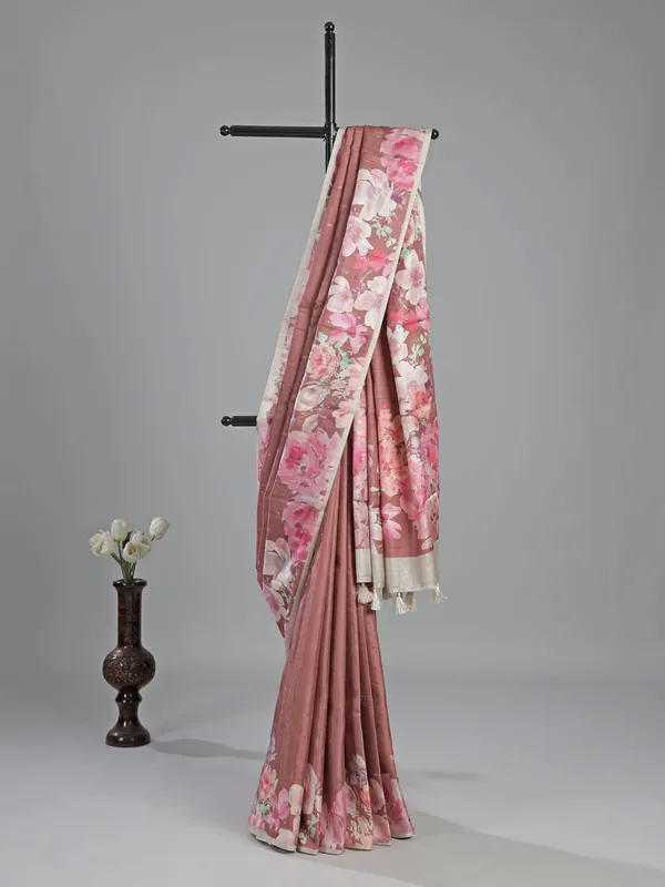 Pastel brown silk saree with floral printed