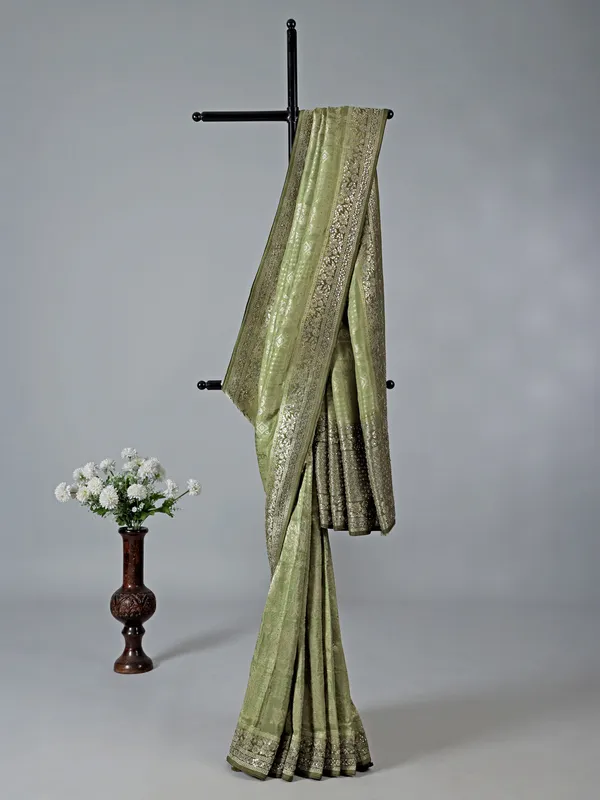 Pastel green dola silk mehendi saree