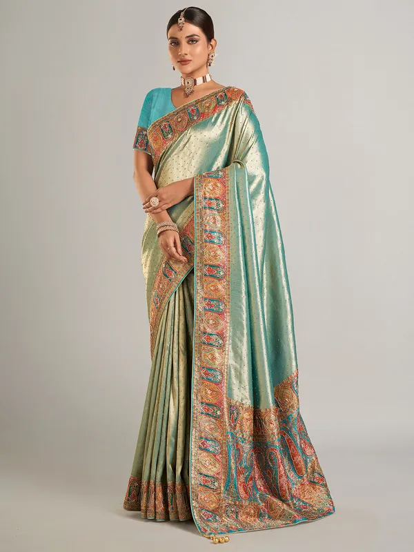 Pastel green pashmina silk saree