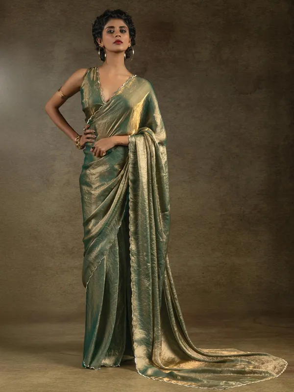Pastel green satin silk saree for party wear