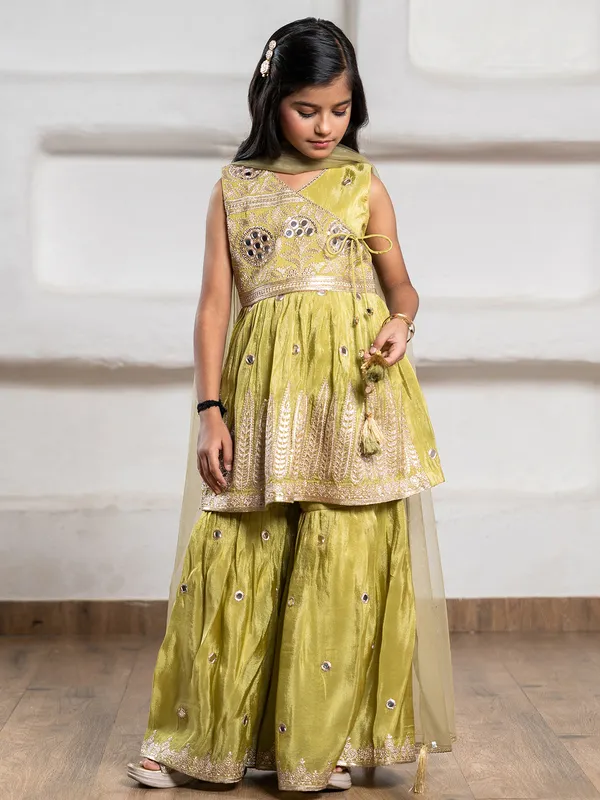 Pastel green sharara suit with sequins and resham