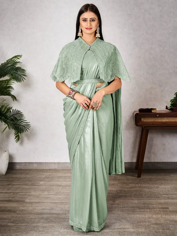 Pastel green shimmer georgette saree with waist belt