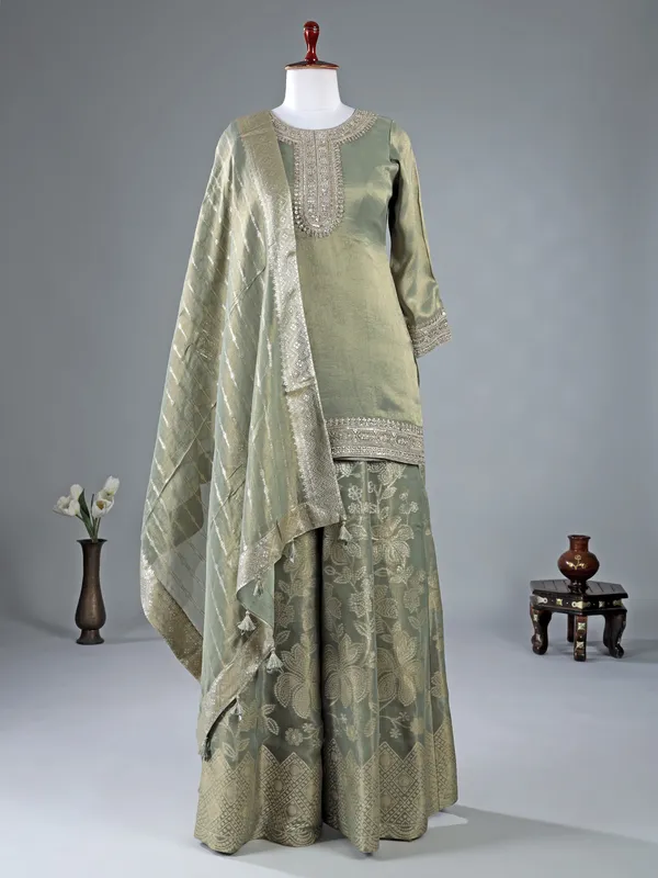 Pastel green silk palazzo suit with dupatta