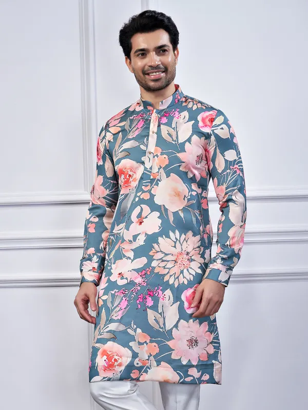 Pastel grey cotton printed kurta suit for festive
