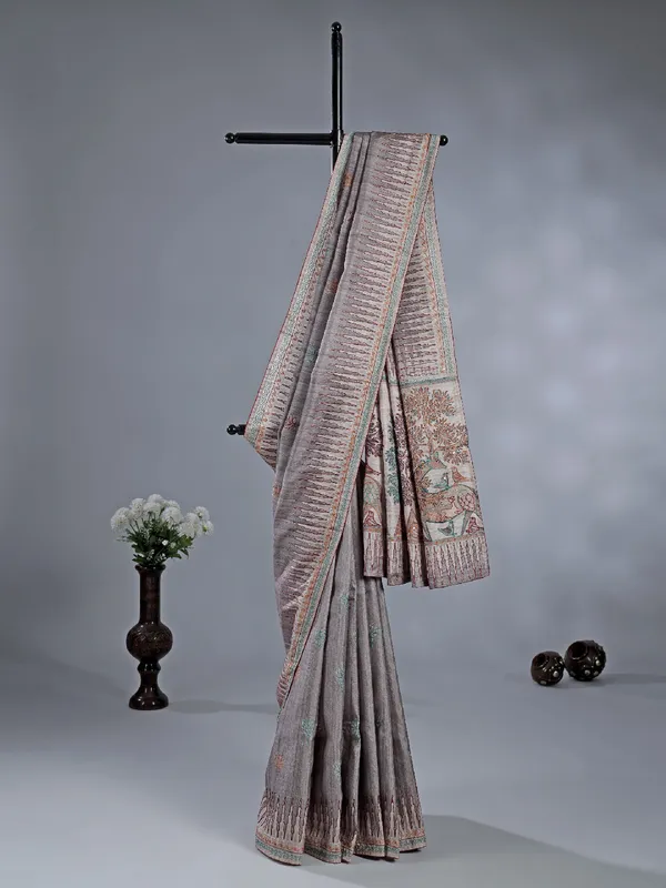 Pastel grey festive wear silk saree