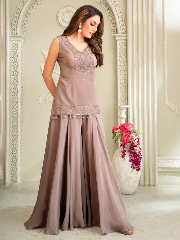 Pastel grey satin silk palazzo suit with thread and stone work