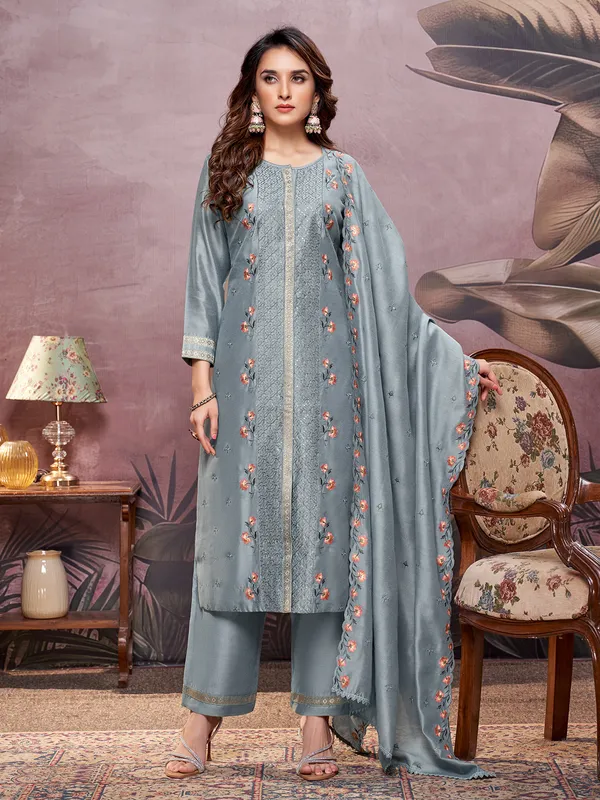 Pastel grey silk embroidered salwar suit with dupatta