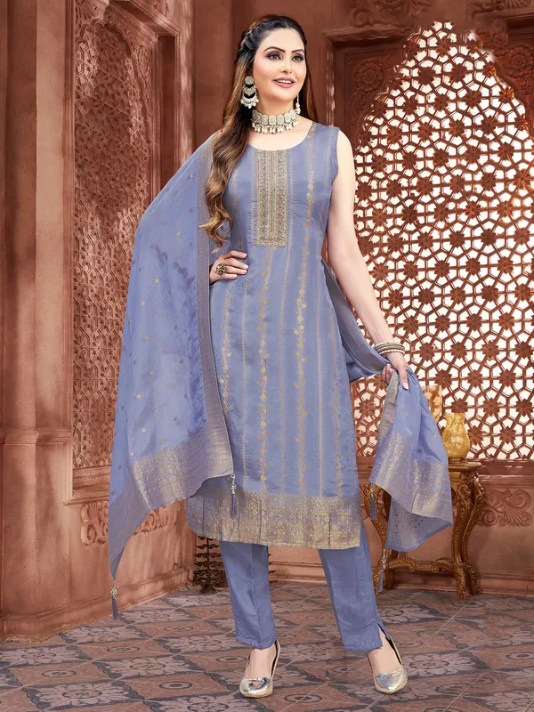 Pastel grey silk salwar suit with dupatta