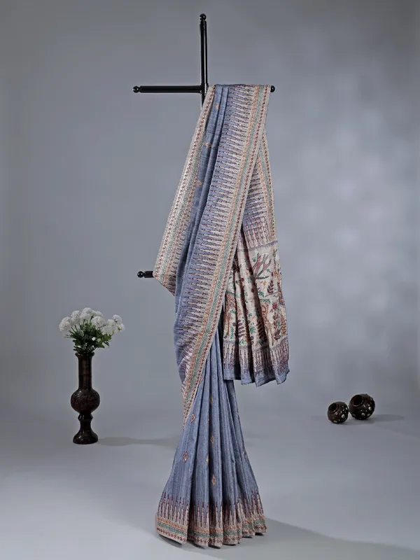Pastel grey silk saree with thread weaving