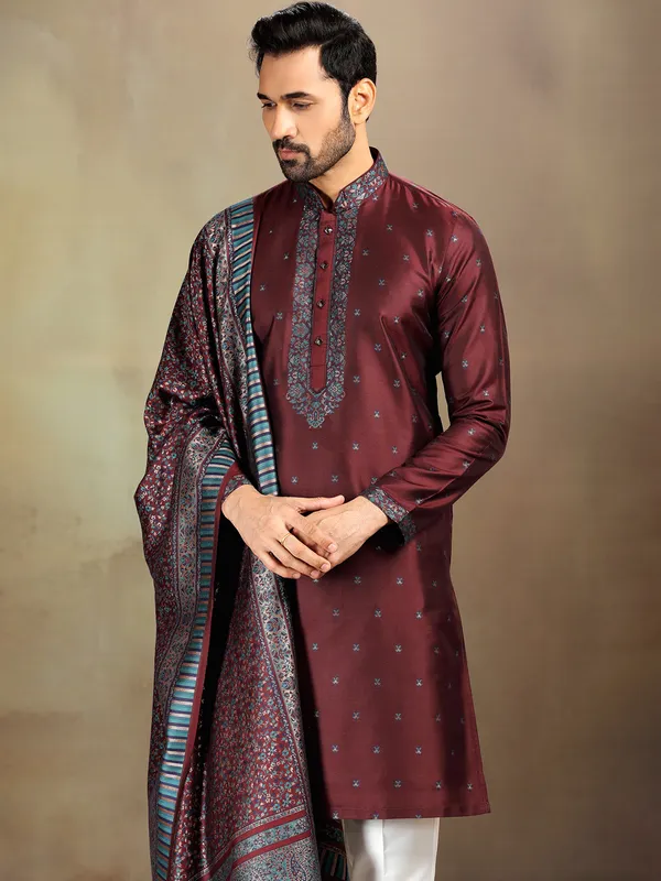Pastel maroon silk kurta set for festive days