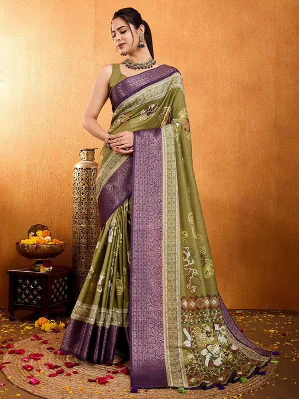 Pastel olive crepe silk saree in digital printed