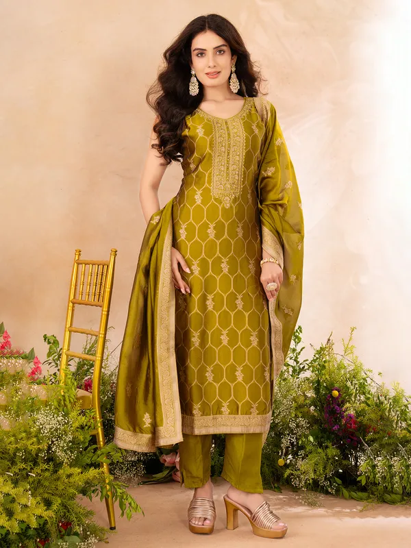 Pastel olive glow silk festive salwar suit