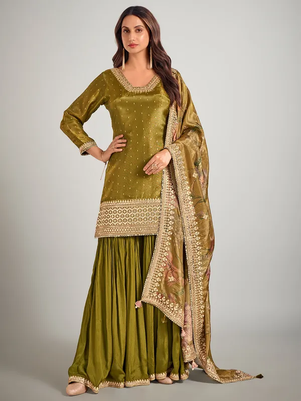 Pastel olive pakistani silk palazzo suit