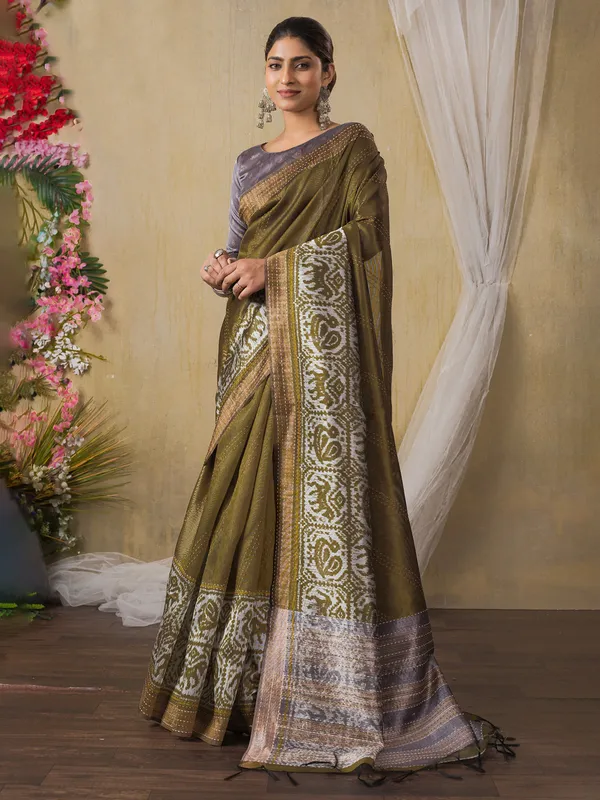 Pastel olive shynthetics printed saree for festive