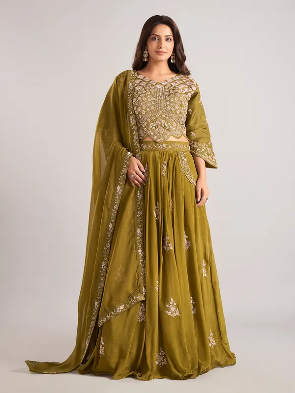 Pastel olive silk pakistani lehenga choli with dupatta
